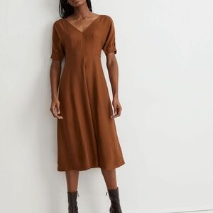 Madewell Brown Wide V-Neck Seamed Midi Dress